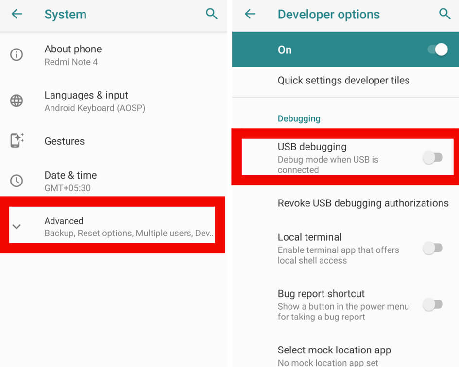 developer options USB debugging