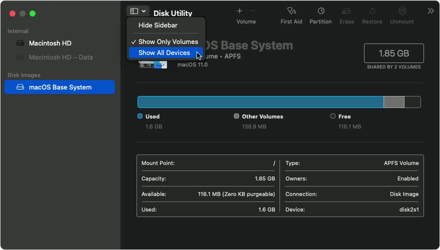 disk utility show all devices