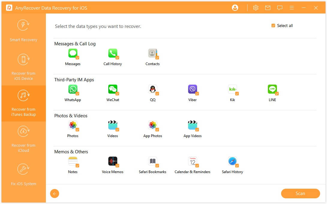 choose the files type and scan your device