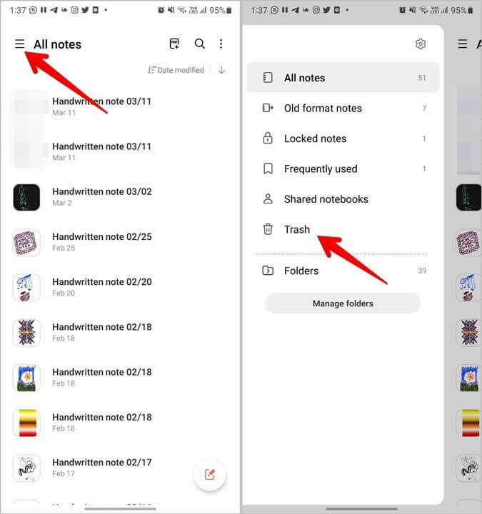 samsung notes trash folder
