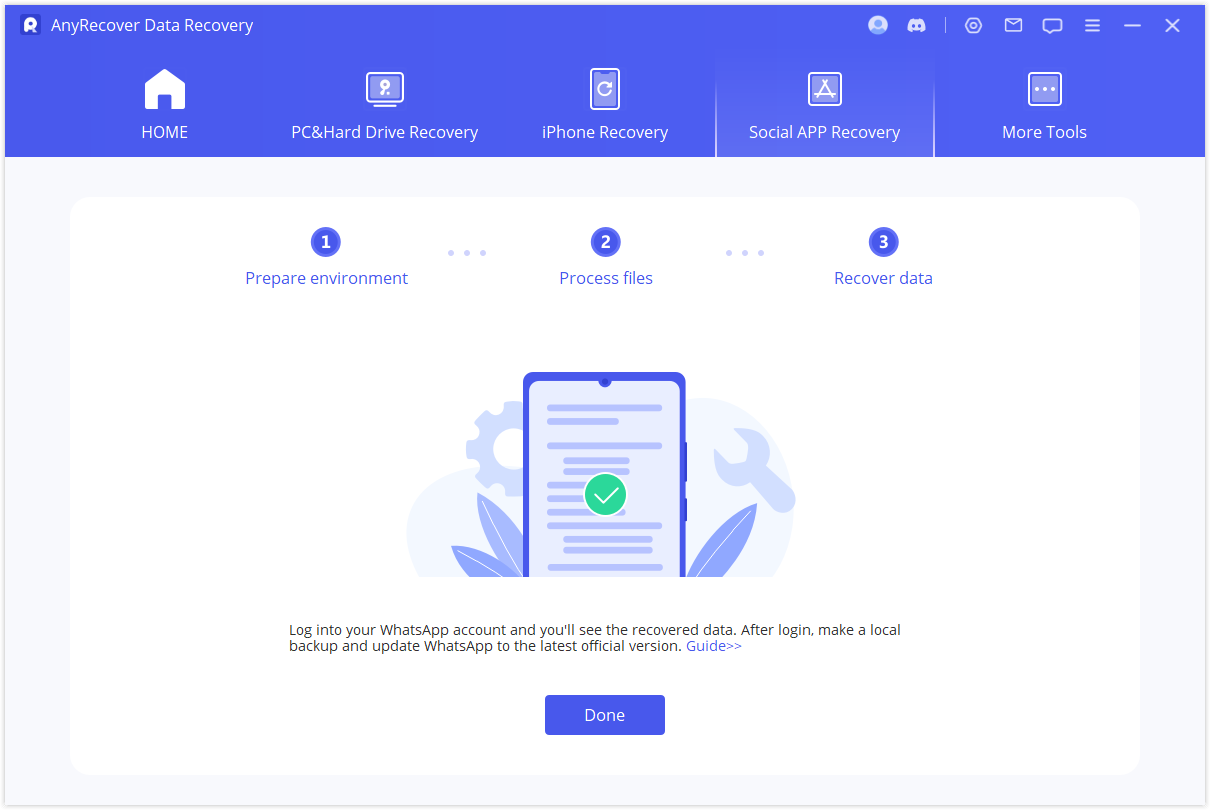 recover WhatsApp data to device done