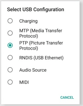 change usb configuration to mtp or ptp
