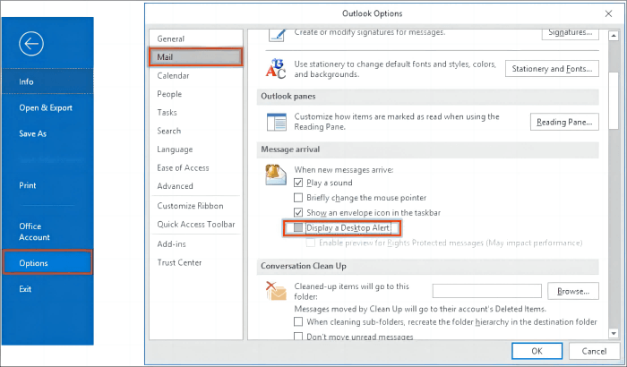 disable new mail notification to fix error code 0x80004005