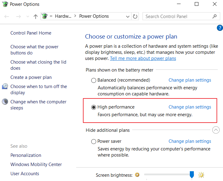 click power options and high performance
