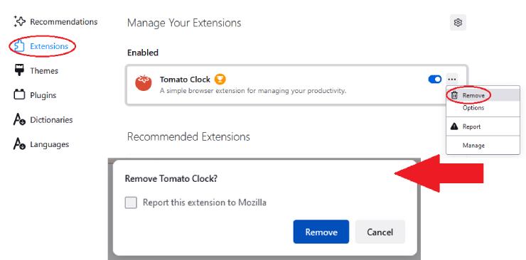 removing extensions from Firefox to fix 102630 error code