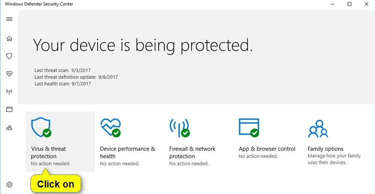 virus threat protection in settings